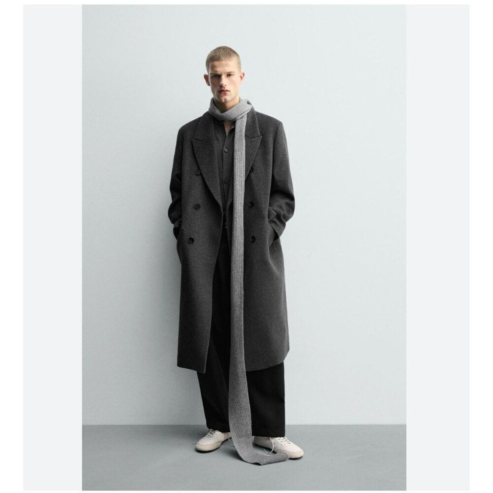 Zara Mens Double Breasted Wool Long Coat L Large Gray Marl 5854/004 NWT